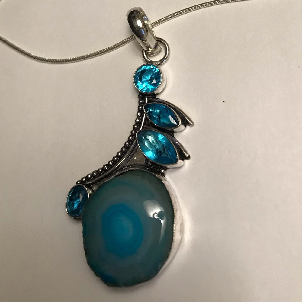 Solar Quartz Blue Topaz Stamped 925 Sterling Silver Necklace